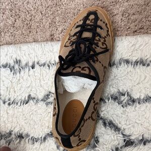Gucci Beige & Black GG Canvas Lace-Up Sneaker